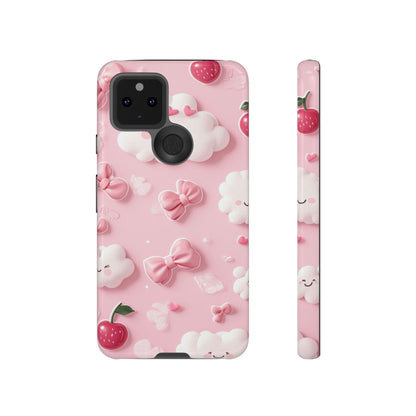 Cute Pink Kawaii Cloud and Cherry Phone Case - Tough Dual-Layer Cover with 3D Bows for iPhone 17, Samsung Galaxy & Pixel