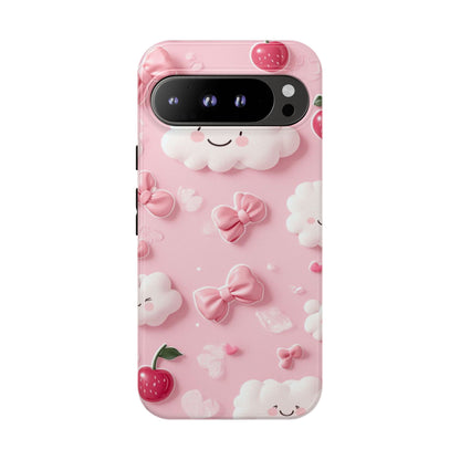 Cute Pink Kawaii Cloud and Cherry Phone Case - Tough Dual-Layer Cover with 3D Bows for iPhone 17, Samsung Galaxy & Pixel