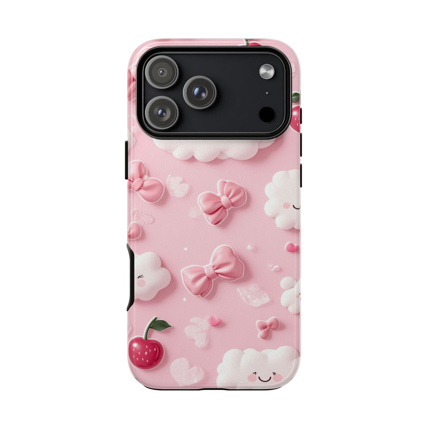 Cute Pink Kawaii Cloud and Cherry Phone Case - Tough Dual-Layer Cover with 3D Bows for iPhone 17, Samsung Galaxy & Pixel