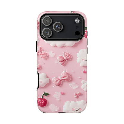 Cute Pink Kawaii Cloud and Cherry Phone Case - Tough Dual-Layer Cover with 3D Bows for iPhone 17, Samsung Galaxy & Pixel