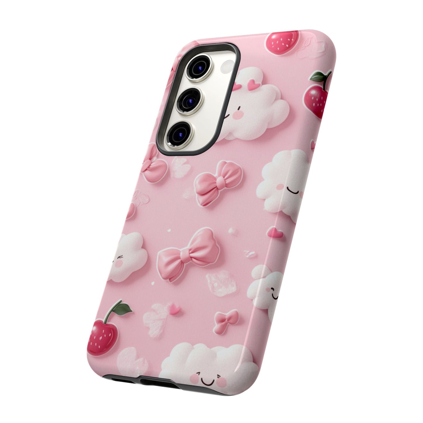 Cute Pink Kawaii Cloud and Cherry Phone Case - Tough Dual-Layer Cover with 3D Bows for iPhone 17, Samsung Galaxy & Pixel