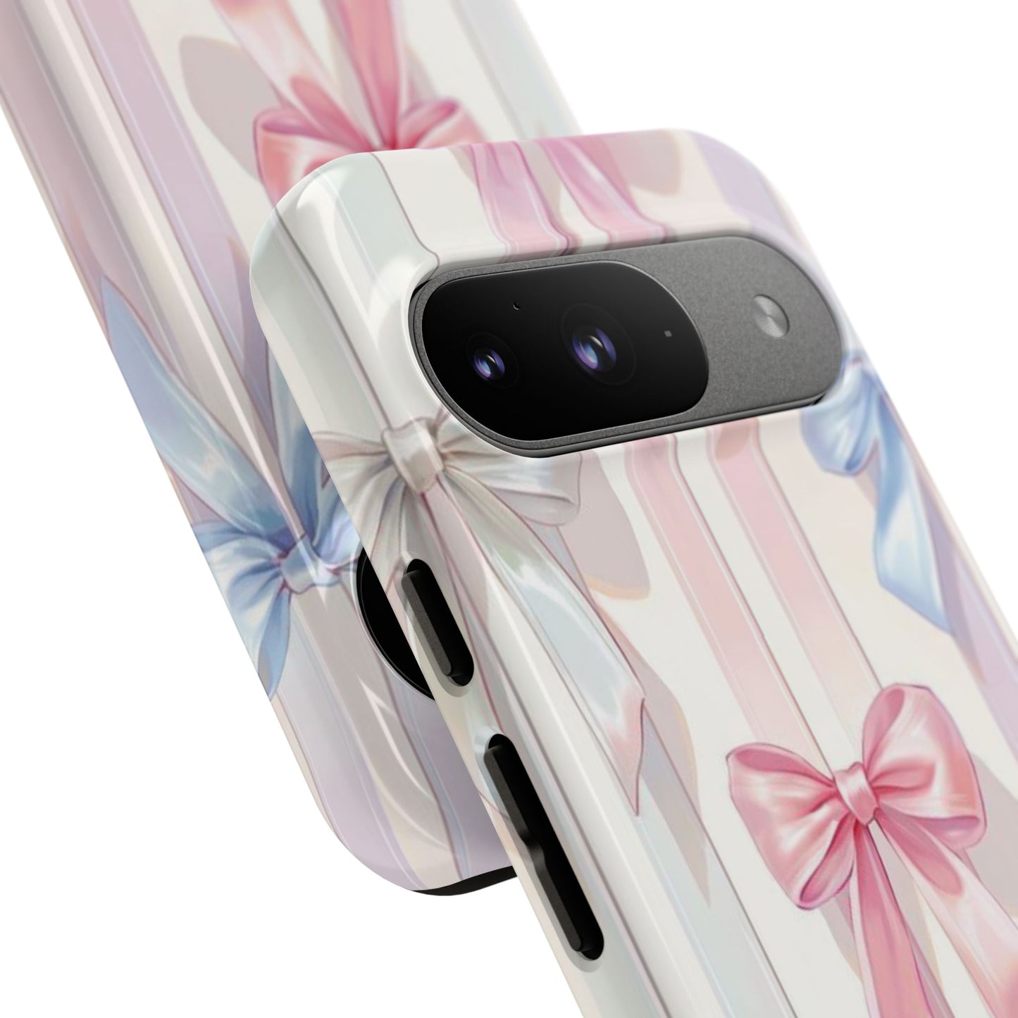 Pastel Ribbon Stripe Phone Case - Coquette Aesthetic Dual-Layer Bow Cover for iPhone 17, Samsung Galaxy & Google Pixel