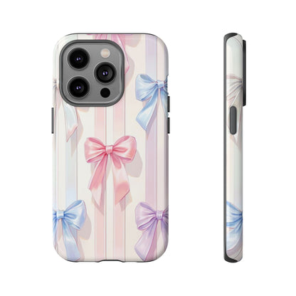 Pastel Ribbon Stripe Phone Case - Coquette Aesthetic Dual-Layer Bow Cover for iPhone 17, Samsung Galaxy & Google Pixel
