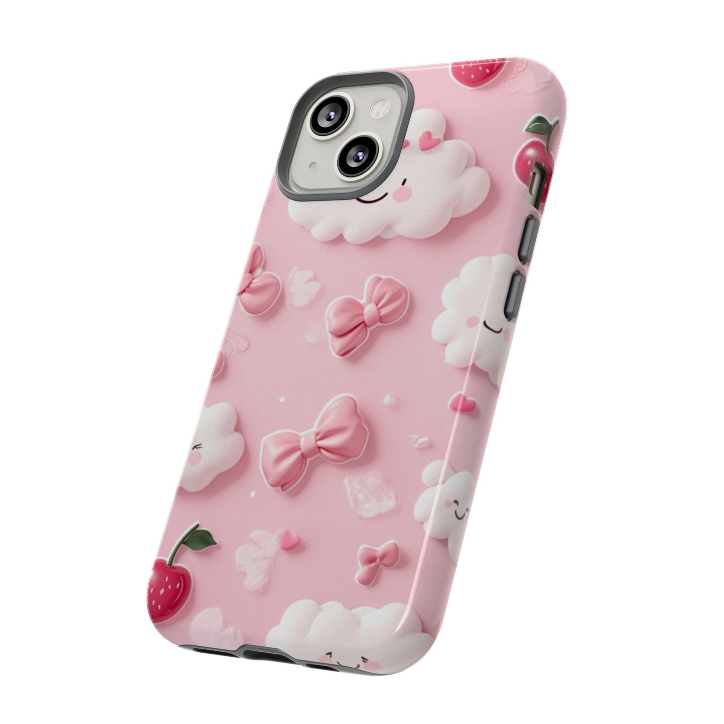 Cute Pink Kawaii Cloud and Cherry Phone Case - Tough Dual-Layer Cover with 3D Bows for iPhone 17, Samsung Galaxy & Pixel