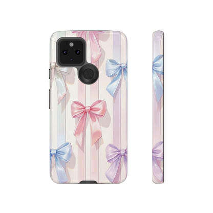 Pastel Ribbon Stripe Phone Case - Coquette Aesthetic Dual-Layer Bow Cover for iPhone 17, Samsung Galaxy & Google Pixel