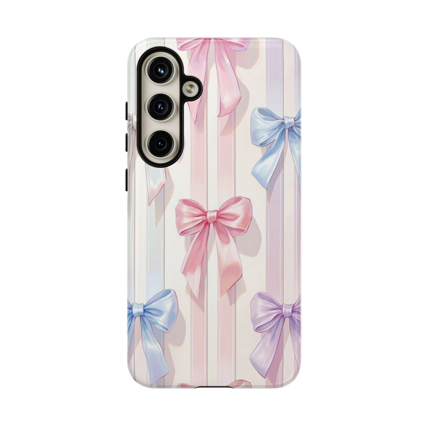 Pastel Ribbon Stripe Phone Case - Coquette Aesthetic Dual-Layer Bow Cover for iPhone 17, Samsung Galaxy & Google Pixel