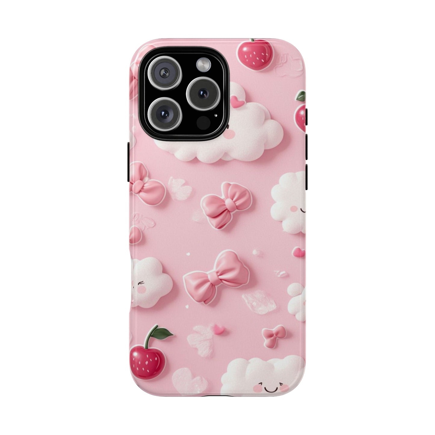 Cute Pink Kawaii Cloud and Cherry Phone Case - Tough Dual-Layer Cover with 3D Bows for iPhone 17, Samsung Galaxy & Pixel