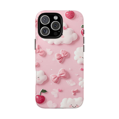 Cute Pink Kawaii Cloud and Cherry Phone Case - Tough Dual-Layer Cover with 3D Bows for iPhone 17, Samsung Galaxy & Pixel
