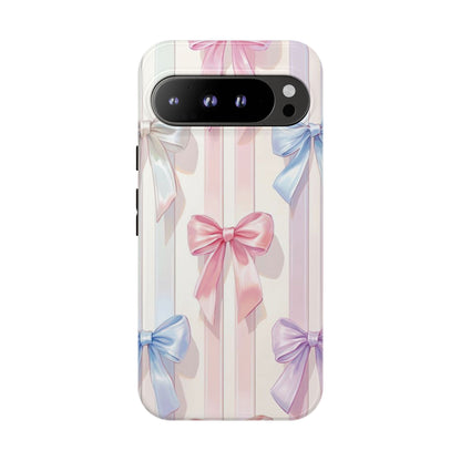 Pastel Ribbon Stripe Phone Case - Coquette Aesthetic Dual-Layer Bow Cover for iPhone 17, Samsung Galaxy & Google Pixel