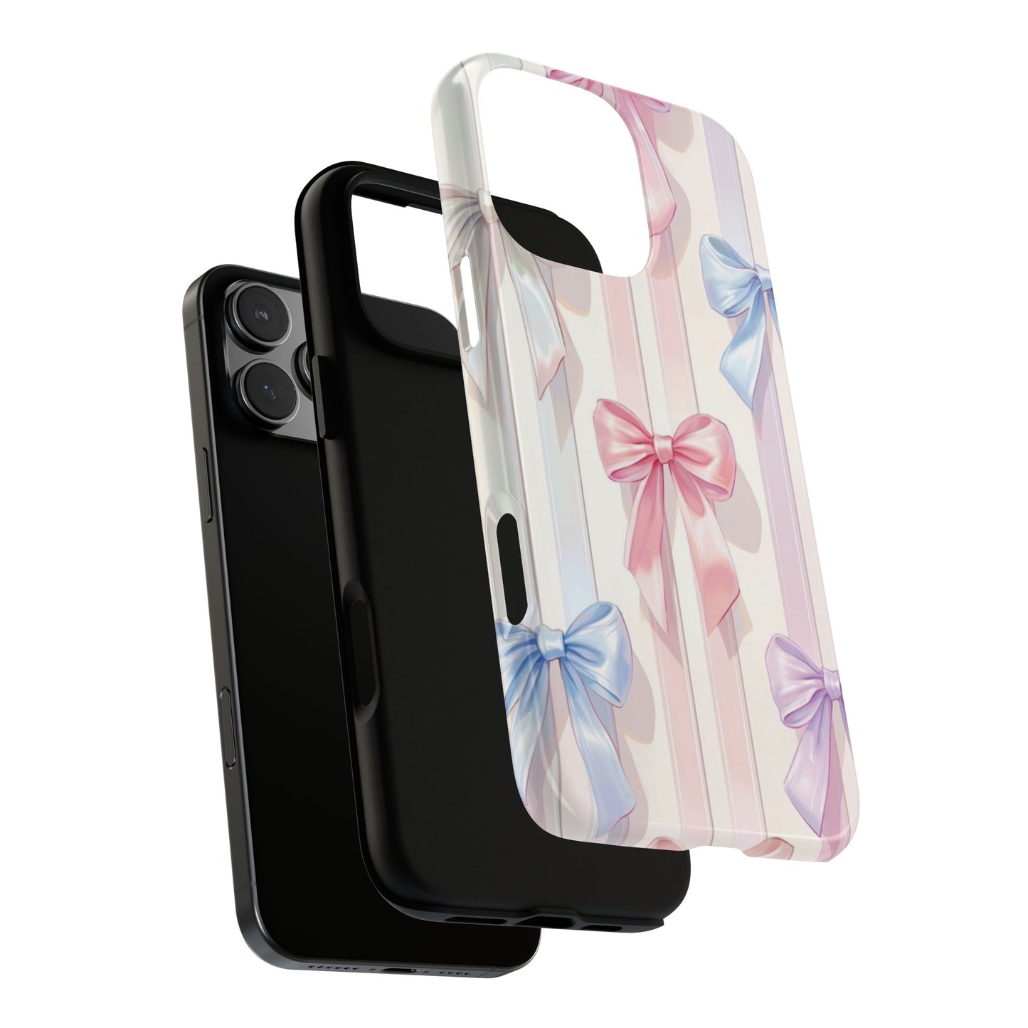 Pastel Ribbon Stripe Phone Case - Coquette Aesthetic Dual-Layer Bow Cover for iPhone 17, Samsung Galaxy & Google Pixel
