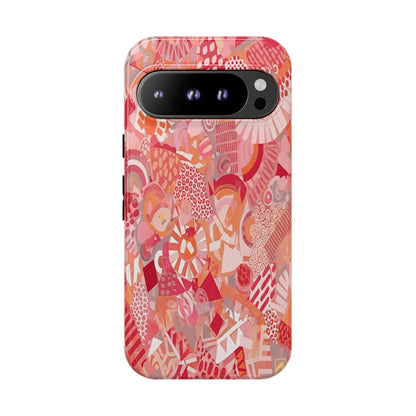 Vibrant Abstract Art Phone Case - Red Pink Geometric Collage Tough Cover for iPhone 17, Samsung Galaxy & Google Pixel