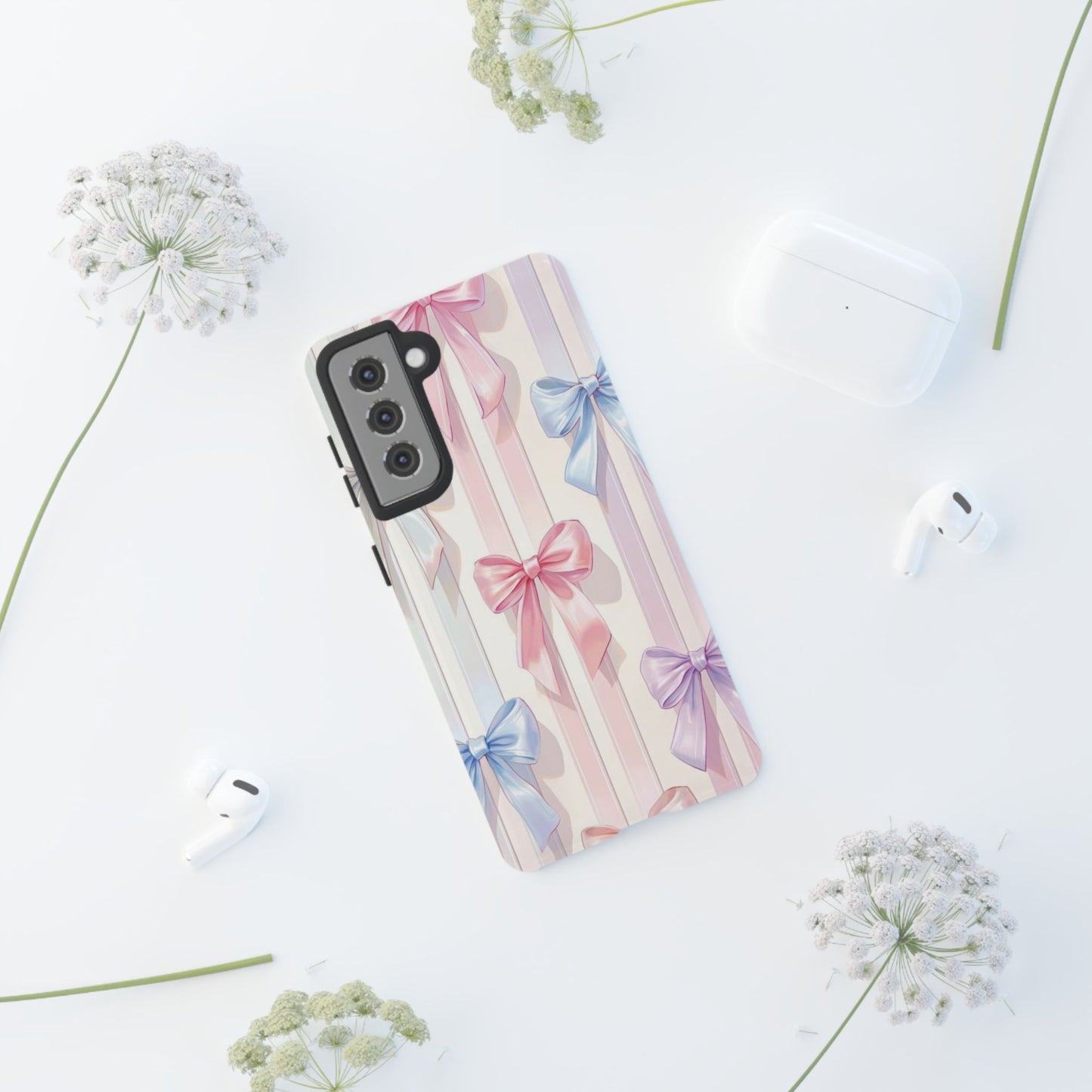 Pastel Ribbon Stripe Phone Case - Coquette Aesthetic Dual-Layer Bow Cover for iPhone 17, Samsung Galaxy & Google Pixel