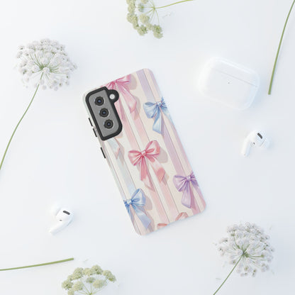 Pastel Ribbon Stripe Phone Case - Coquette Aesthetic Dual-Layer Bow Cover for iPhone 17, Samsung Galaxy & Google Pixel