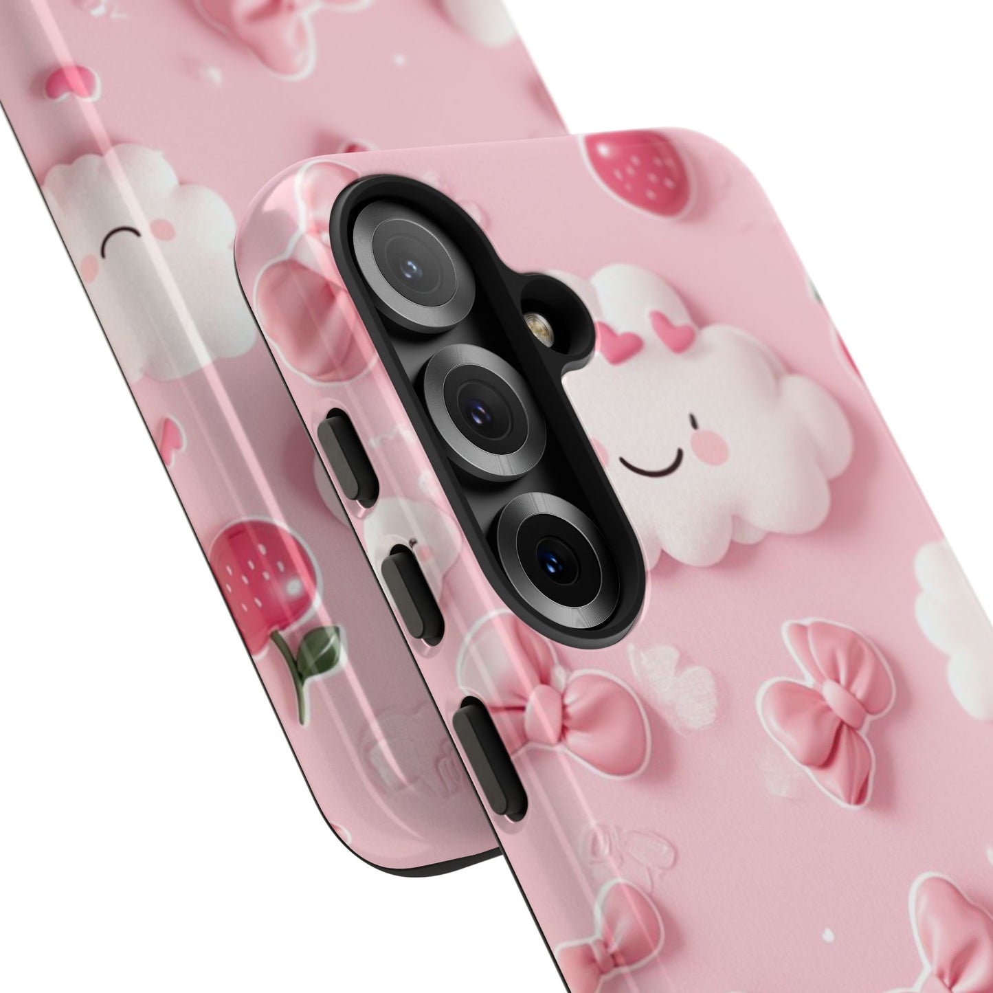 Cute Pink Kawaii Cloud and Cherry Phone Case - Tough Dual-Layer Cover with 3D Bows for iPhone 17, Samsung Galaxy & Pixel