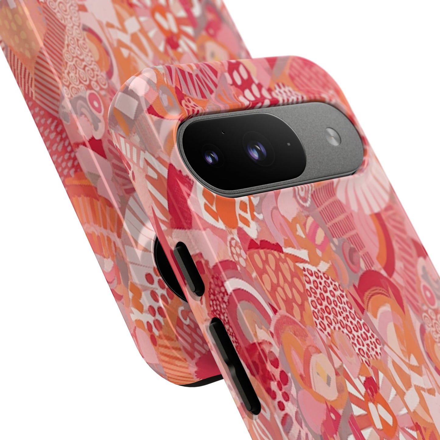 Vibrant Abstract Art Phone Case - Red Pink Geometric Collage Tough Cover for iPhone 17, Samsung Galaxy & Google Pixel