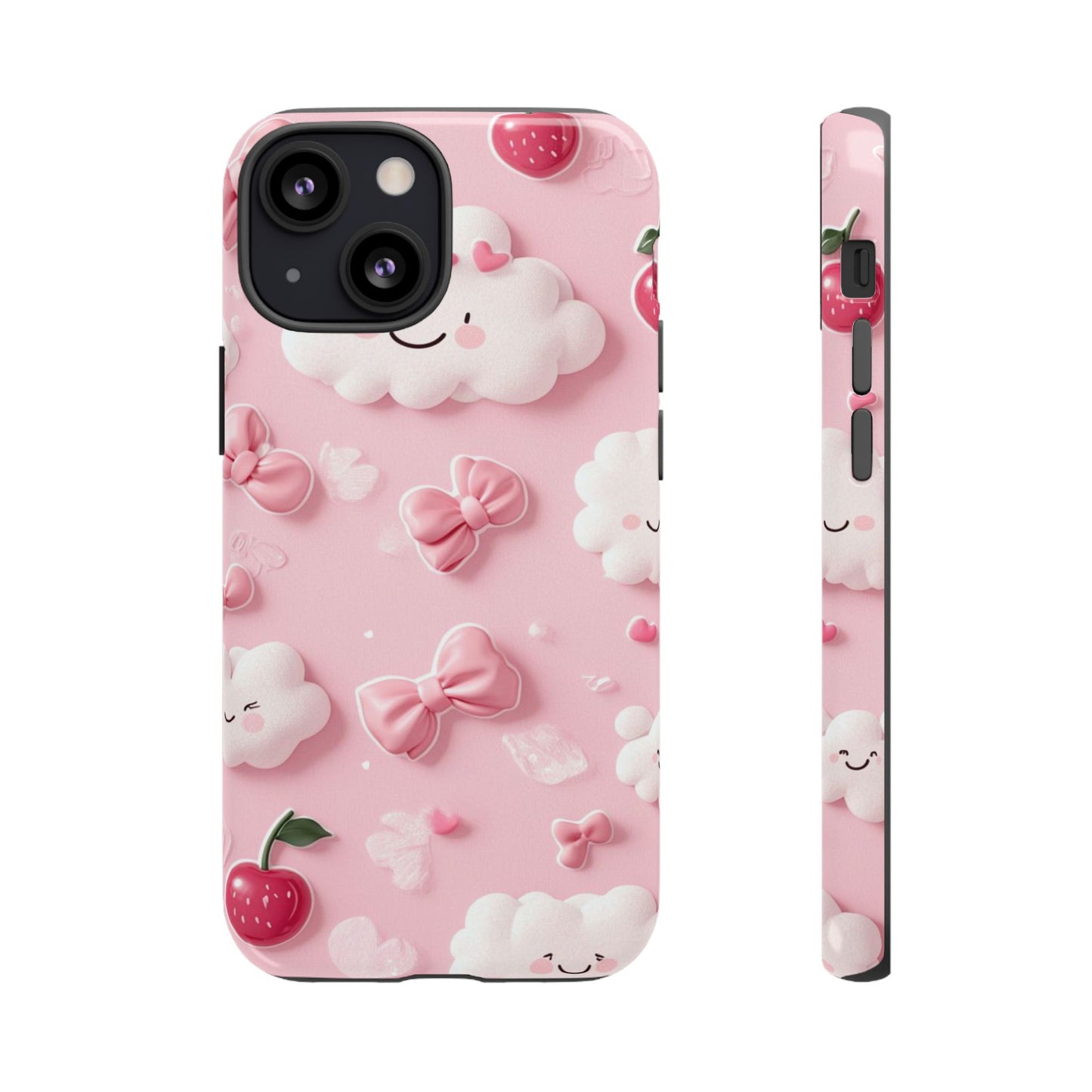 Cute Pink Kawaii Cloud and Cherry Phone Case - Tough Dual-Layer Cover with 3D Bows for iPhone 17, Samsung Galaxy & Pixel