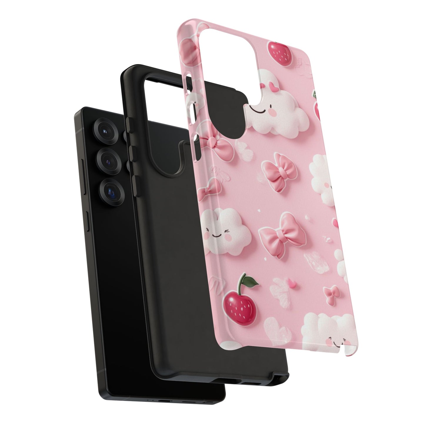 Cute Pink Kawaii Cloud and Cherry Phone Case - Tough Dual-Layer Cover with 3D Bows for iPhone 17, Samsung Galaxy & Pixel