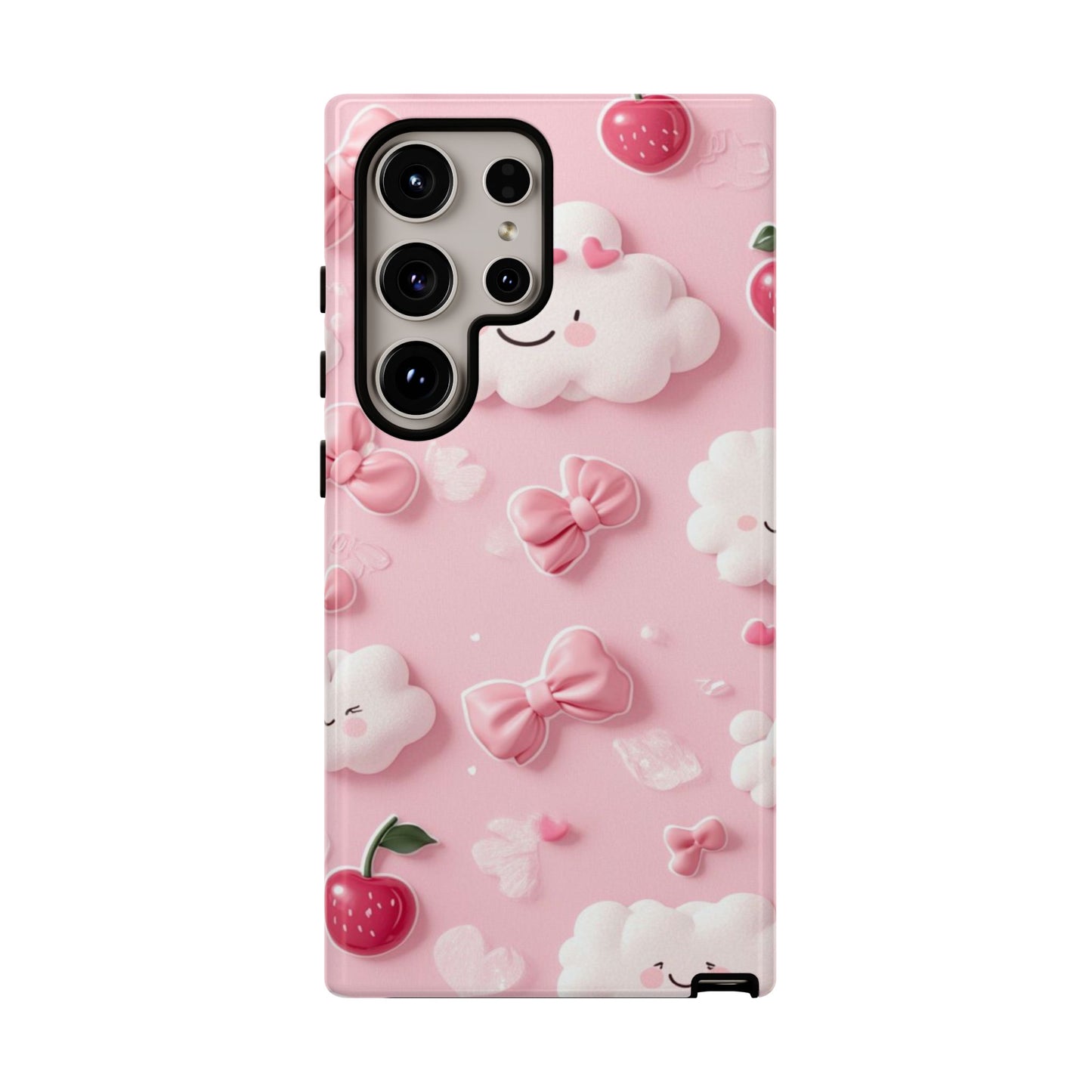 Cute Pink Kawaii Cloud and Cherry Phone Case - Tough Dual-Layer Cover with 3D Bows for iPhone 17, Samsung Galaxy & Pixel