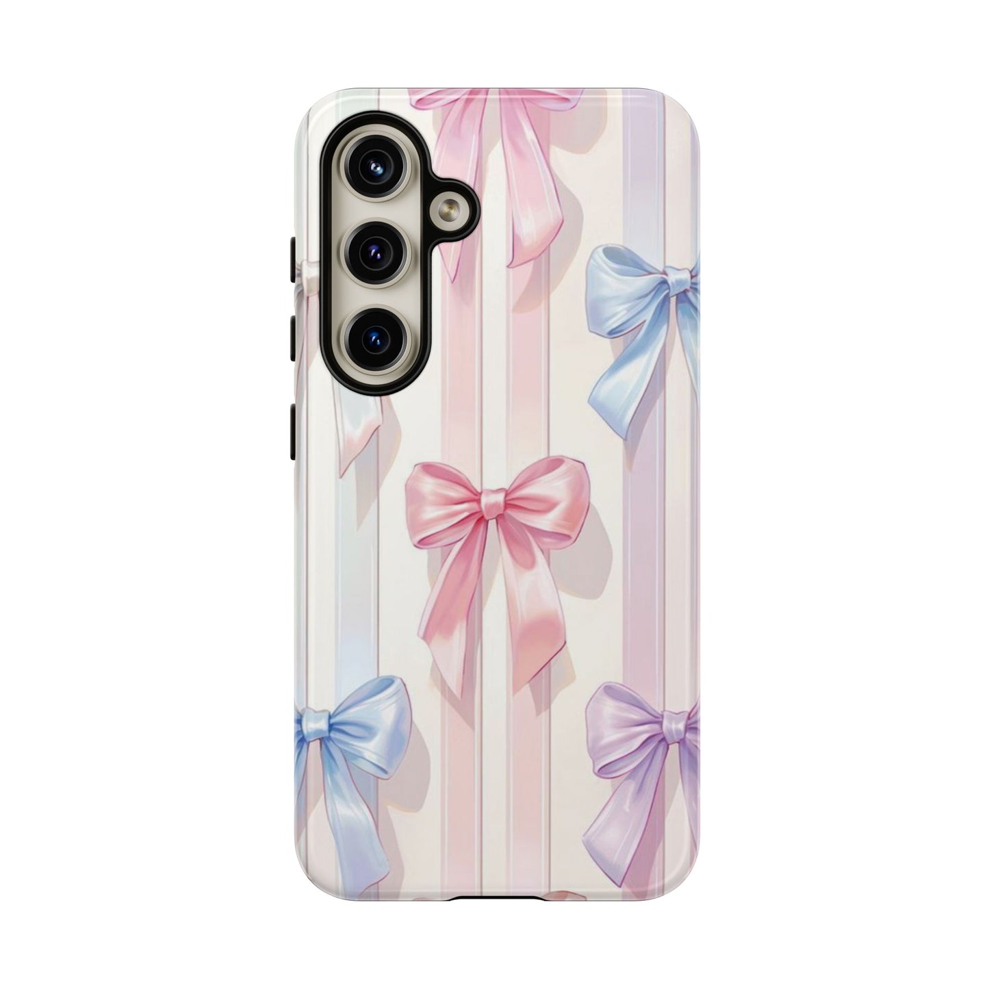 Pastel Ribbon Stripe Phone Case - Coquette Aesthetic Dual-Layer Bow Cover for iPhone 17, Samsung Galaxy & Google Pixel