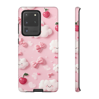 Cute Pink Kawaii Cloud and Cherry Phone Case - Tough Dual-Layer Cover with 3D Bows for iPhone 17, Samsung Galaxy & Pixel