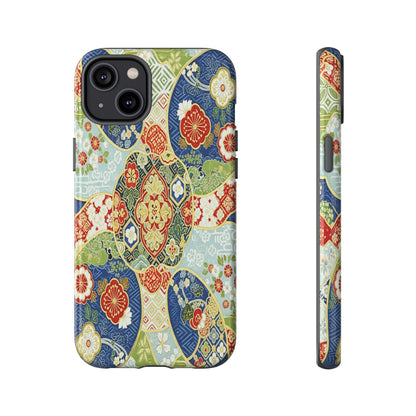 Vintage Japanese Kimono Floral Phone Case - Traditional Woven Pattern Tough Cover for iPhone 17, Samsung Galaxy & Google Pixel