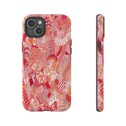 Vibrant Abstract Art Phone Case - Red Pink Geometric Collage Tough Cover for iPhone 17, Samsung Galaxy & Google Pixel