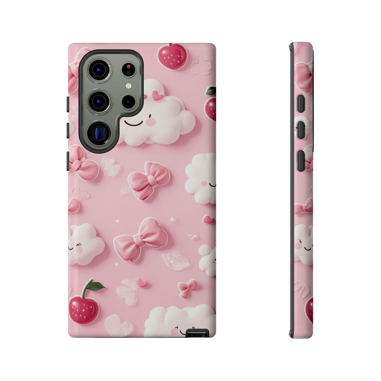 Cute Pink Kawaii Cloud and Cherry Phone Case - Tough Dual-Layer Cover with 3D Bows for iPhone 17, Samsung Galaxy & Pixel