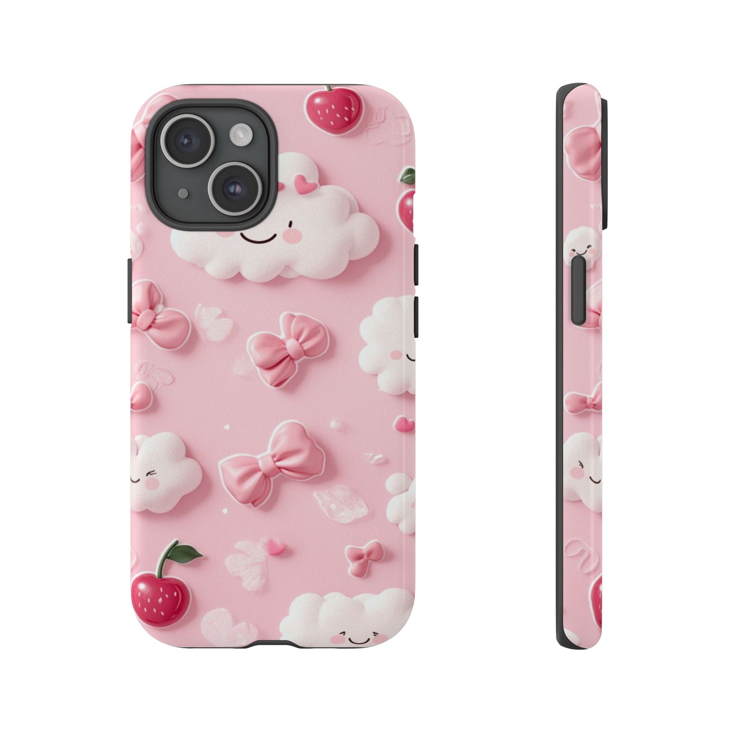 Cute Pink Kawaii Cloud and Cherry Phone Case - Tough Dual-Layer Cover with 3D Bows for iPhone 17, Samsung Galaxy & Pixel