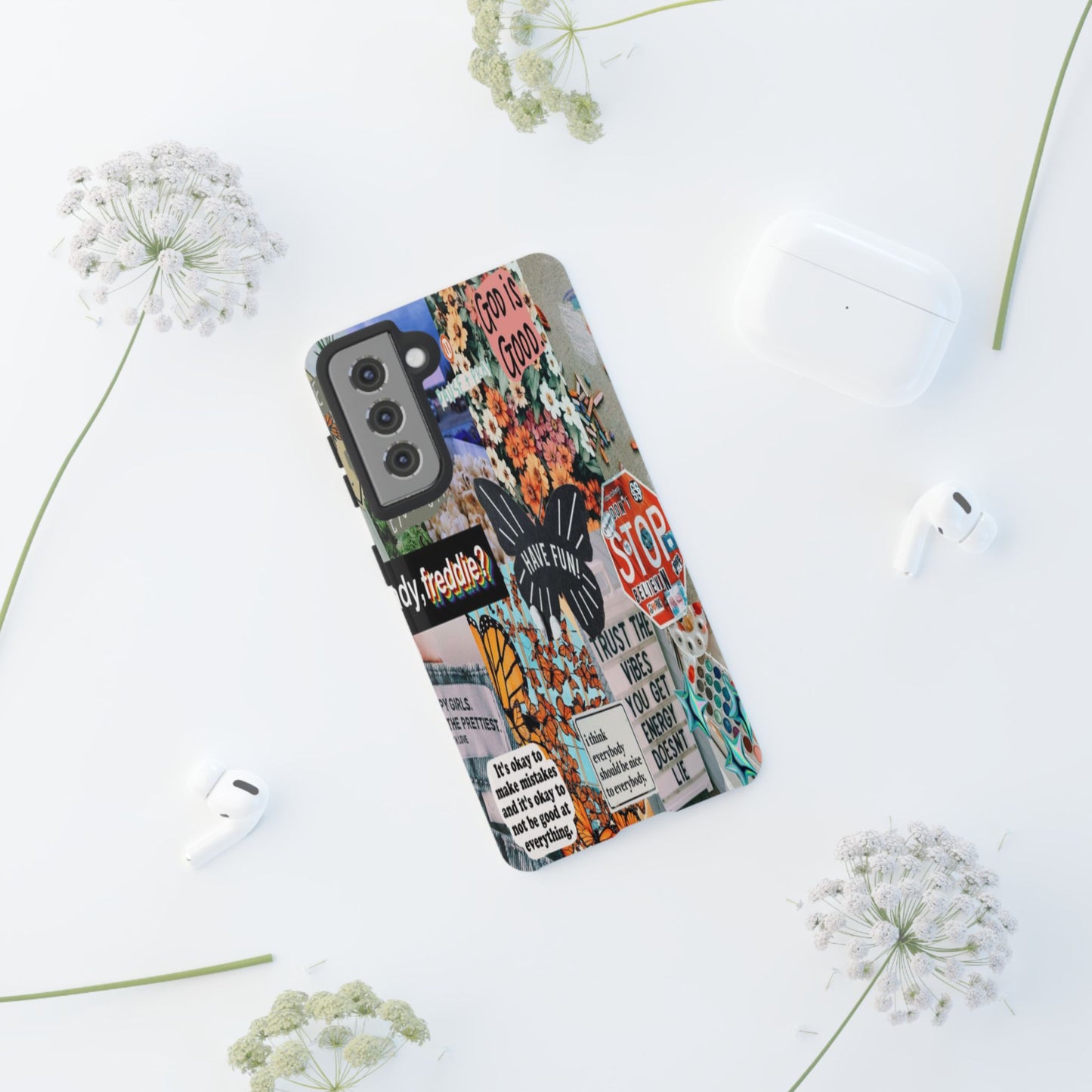 Retro Collage Aesthetic Phone Case - Positive Quote Butterfly Tough Cover for iPhone 17, Samsung Galaxy & Google Pixel