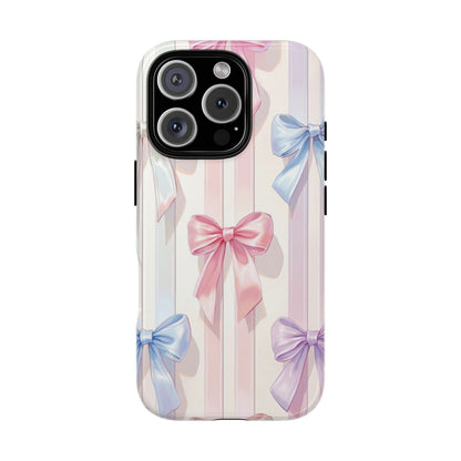 Pastel Ribbon Stripe Phone Case - Coquette Aesthetic Dual-Layer Bow Cover for iPhone 17, Samsung Galaxy & Google Pixel