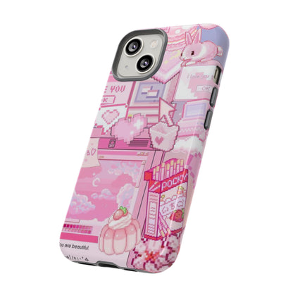 Pink Pixel Art Tough Phone Case – Y2K Style Dual-Layer Protection (Matte/Glossy) for iPhone 17, Samsung Galaxy & Google Pixel