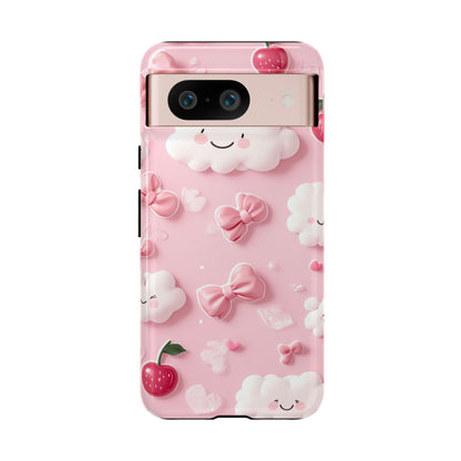 Cute Pink Kawaii Cloud and Cherry Phone Case - Tough Dual-Layer Cover with 3D Bows for iPhone 17, Samsung Galaxy & Pixel