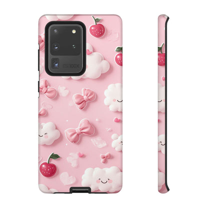 Cute Pink Kawaii Cloud and Cherry Phone Case - Tough Dual-Layer Cover with 3D Bows for iPhone 17, Samsung Galaxy & Pixel