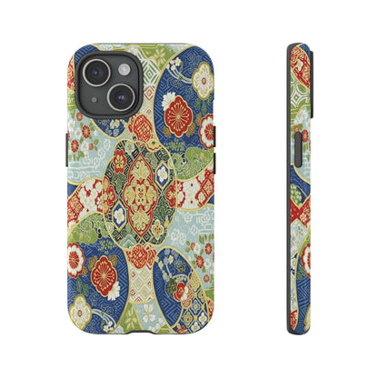 Vintage Japanese Kimono Floral Phone Case - Traditional Woven Pattern Tough Cover for iPhone 17, Samsung Galaxy & Google Pixel