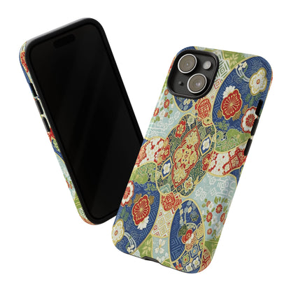 Vintage Japanese Kimono Floral Phone Case - Traditional Woven Pattern Tough Cover for iPhone 17, Samsung Galaxy & Google Pixel