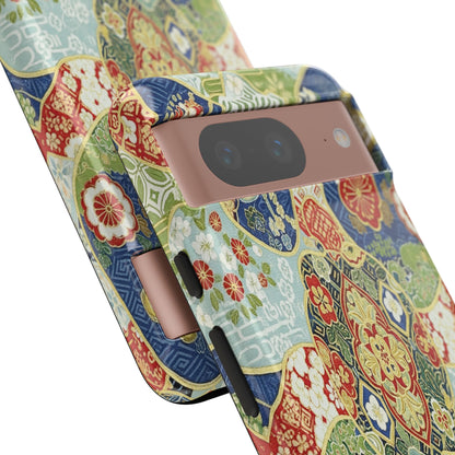 Vintage Japanese Kimono Floral Phone Case - Traditional Woven Pattern Tough Cover for iPhone 17, Samsung Galaxy & Google Pixel