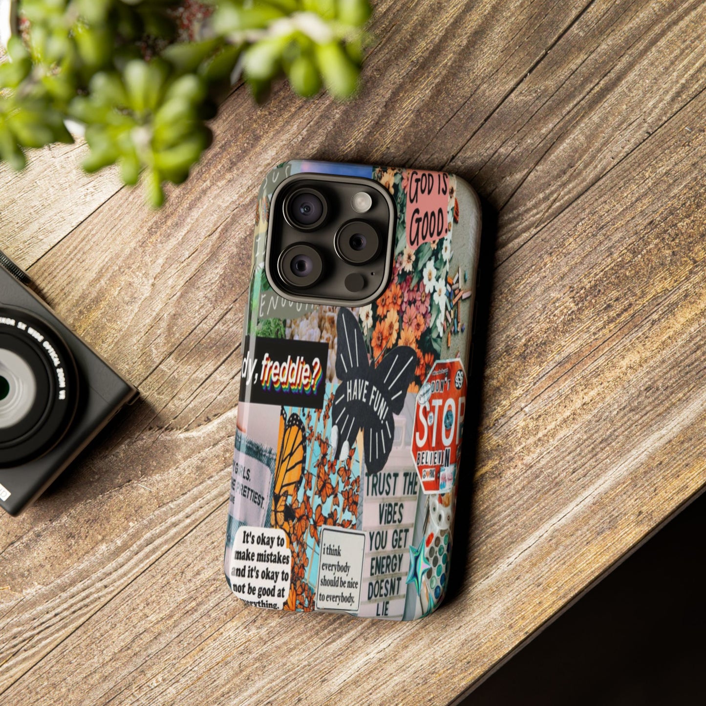Retro Collage Aesthetic Phone Case - Positive Quote Butterfly Tough Cover for iPhone 17, Samsung Galaxy & Google Pixel
