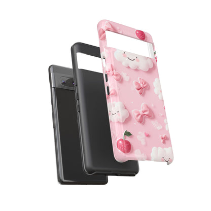 Cute Pink Kawaii Cloud and Cherry Phone Case - Tough Dual-Layer Cover with 3D Bows for iPhone 17, Samsung Galaxy & Pixel