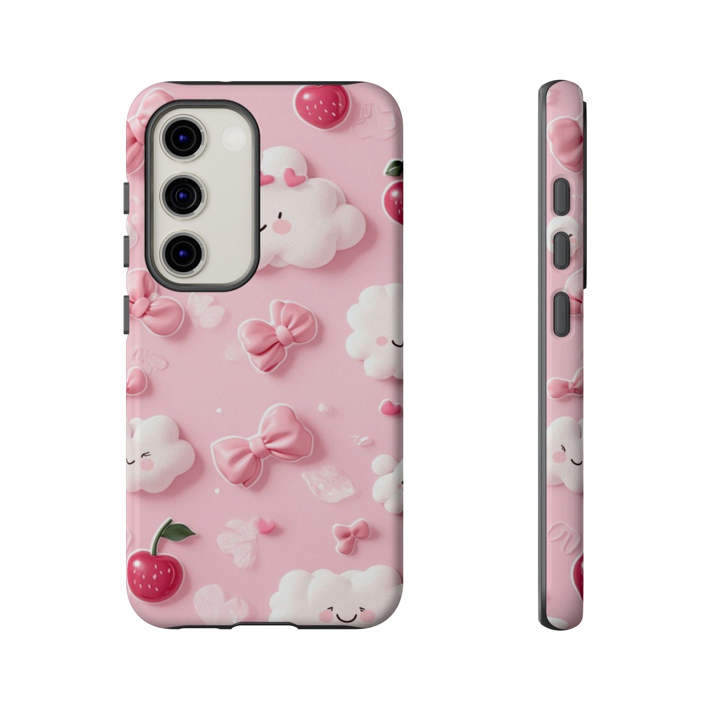 Cute Pink Kawaii Cloud and Cherry Phone Case - Tough Dual-Layer Cover with 3D Bows for iPhone 17, Samsung Galaxy & Pixel