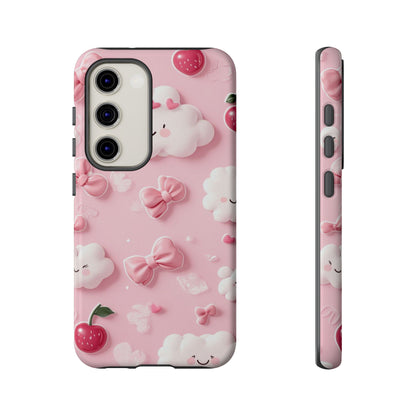 Cute Pink Kawaii Cloud and Cherry Phone Case - Tough Dual-Layer Cover with 3D Bows for iPhone 17, Samsung Galaxy & Pixel