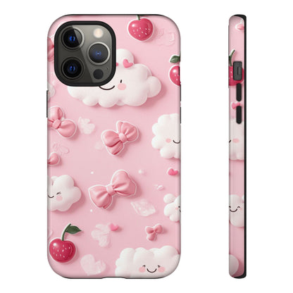 Cute Pink Kawaii Cloud and Cherry Phone Case - Tough Dual-Layer Cover with 3D Bows for iPhone 17, Samsung Galaxy & Pixel