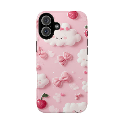 Cute Pink Kawaii Cloud and Cherry Phone Case - Tough Dual-Layer Cover with 3D Bows for iPhone 17, Samsung Galaxy & Pixel