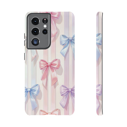 Pastel Ribbon Stripe Phone Case - Coquette Aesthetic Dual-Layer Bow Cover for iPhone 17, Samsung Galaxy & Google Pixel