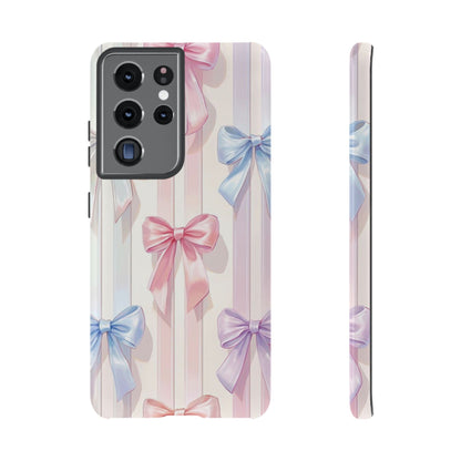Pastel Ribbon Stripe Phone Case - Coquette Aesthetic Dual-Layer Bow Cover for iPhone 17, Samsung Galaxy & Google Pixel