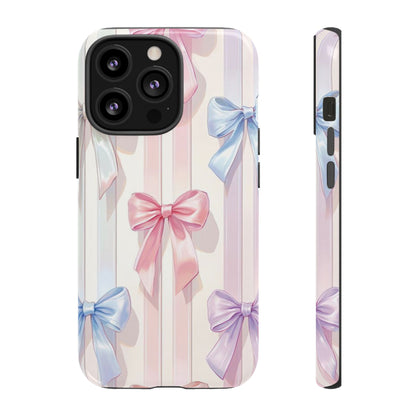 Pastel Ribbon Stripe Phone Case - Coquette Aesthetic Dual-Layer Bow Cover for iPhone 17, Samsung Galaxy & Google Pixel