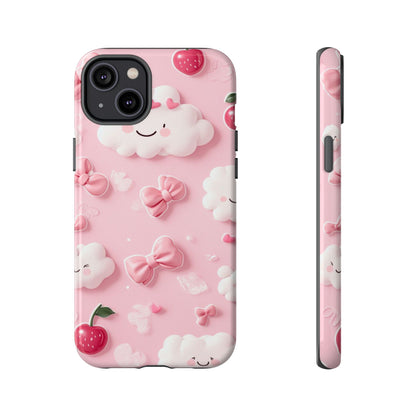 Cute Pink Kawaii Cloud and Cherry Phone Case - Tough Dual-Layer Cover with 3D Bows for iPhone 17, Samsung Galaxy & Pixel