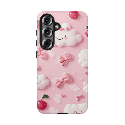 Cute Pink Kawaii Cloud and Cherry Phone Case - Tough Dual-Layer Cover with 3D Bows for iPhone 17, Samsung Galaxy & Pixel