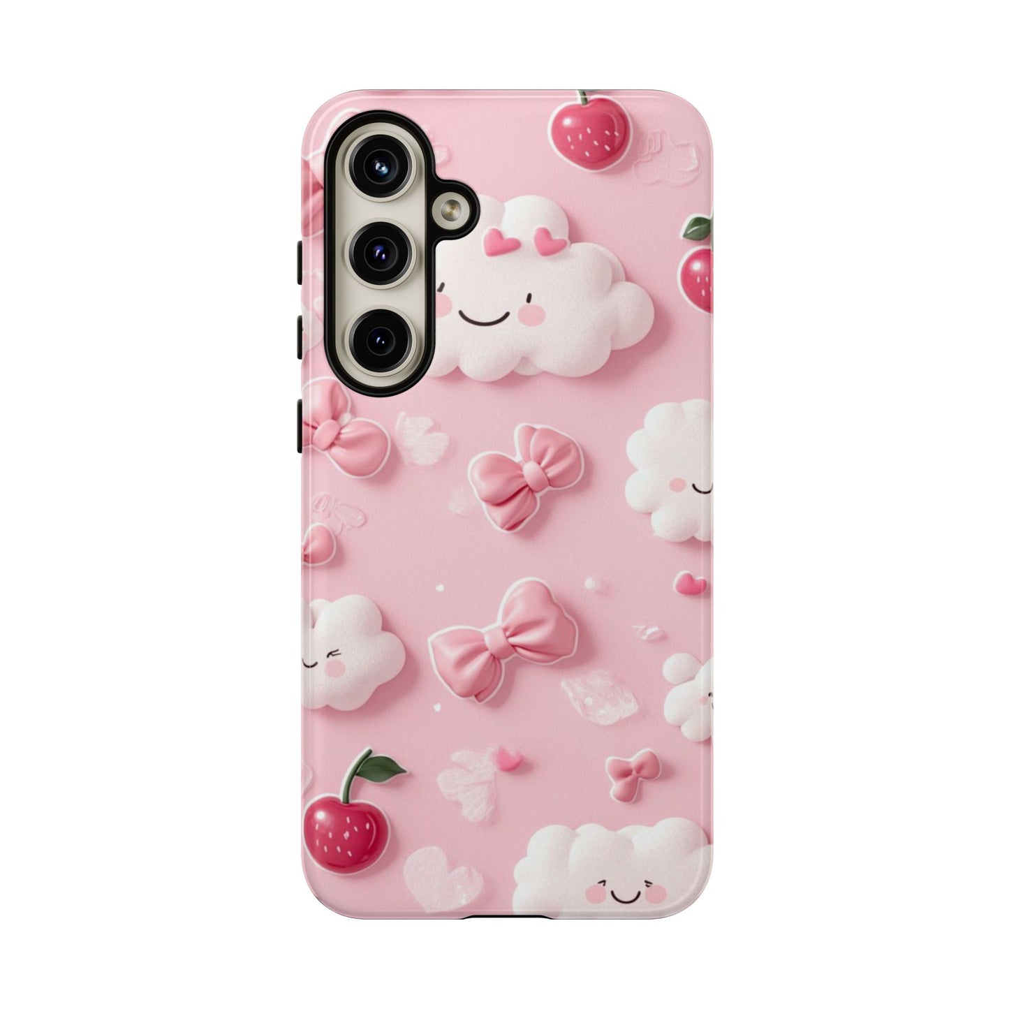 Cute Pink Kawaii Cloud and Cherry Phone Case - Tough Dual-Layer Cover with 3D Bows for iPhone 17, Samsung Galaxy & Pixel