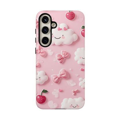 Cute Pink Kawaii Cloud and Cherry Phone Case - Tough Dual-Layer Cover with 3D Bows for iPhone 17, Samsung Galaxy & Pixel