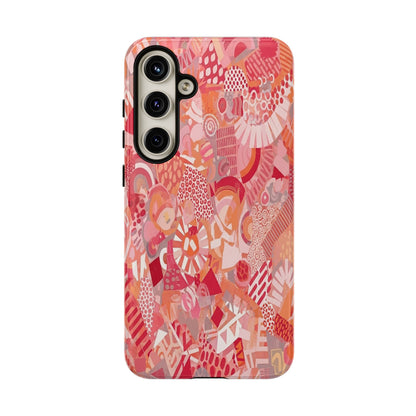 Vibrant Abstract Art Phone Case - Red Pink Geometric Collage Tough Cover for iPhone 17, Samsung Galaxy & Google Pixel